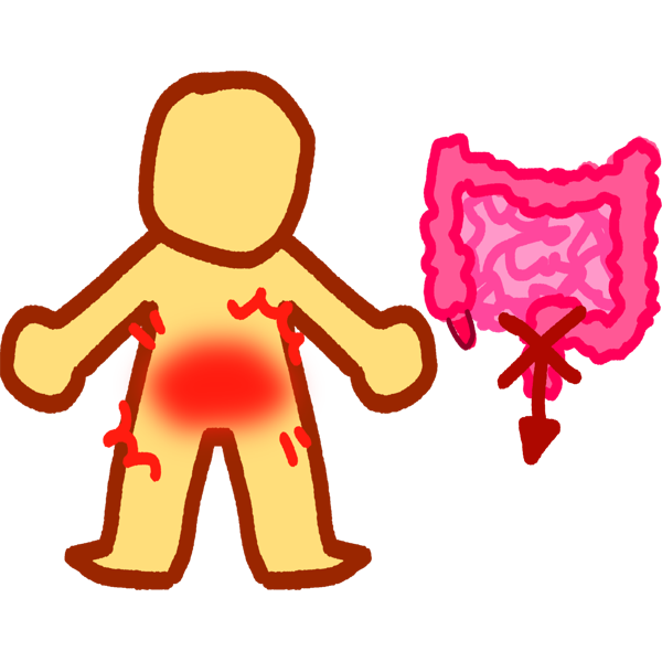 an emoji-yellow person with a splotch of red over their lower abdomen and little lines radiating out from it. beside them is a drawing of intestines. there's a red crossed-out arrow coming out from the colon.